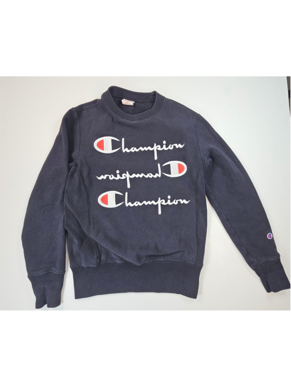 Vintage Champion Reverse Weave Sweatshirt Triple Logo Navy Small Embroidered